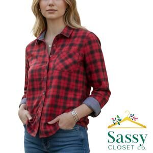 Talbots Red Black Plaid 100% Cotton Button Down Shirt Long Sleeve XS EUC